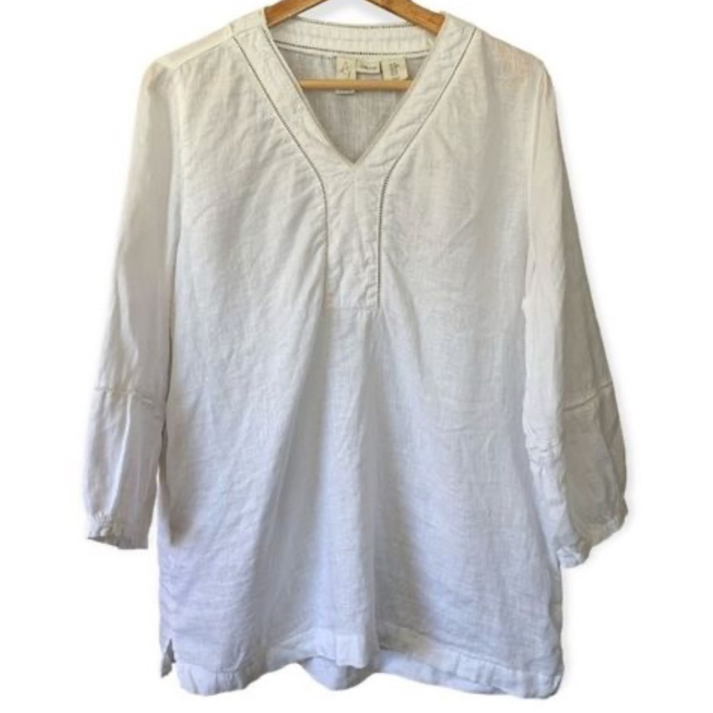 Joie white crisp 100% linen 3/4 sleeve laser cut out perforated flowy blouse